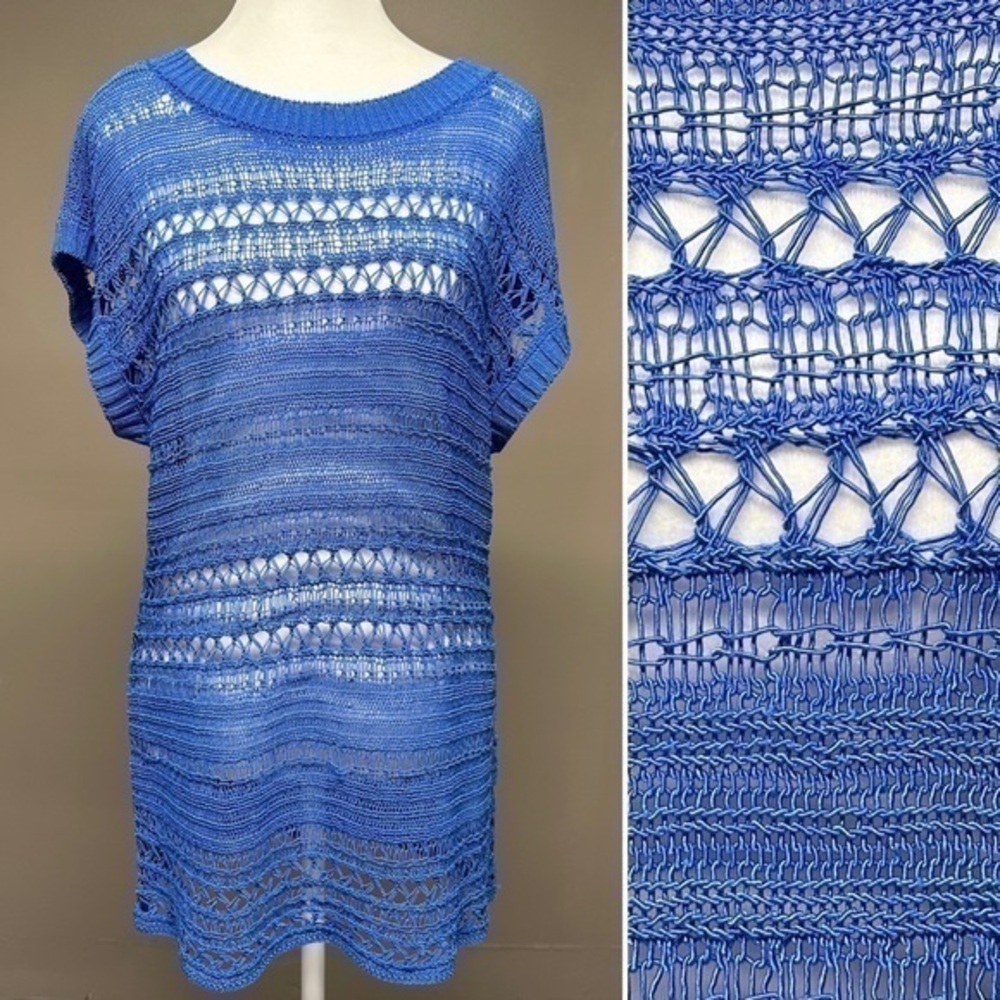 Blue Crochet Tunic Top Fish Net Mesh Cord Beach Sheer Rave Mermaid Large